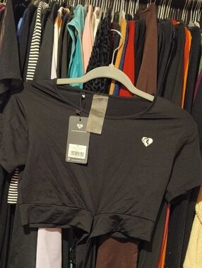 Women's Black Cropped Tee with Small Heart Emblem